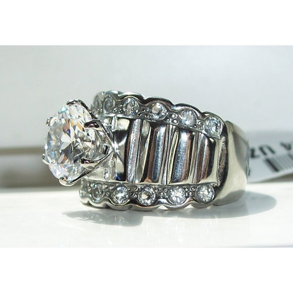 STAINLESS STEEL Round Cut Cubic Zirconia Wide Band Ring - Picture 3 of 16